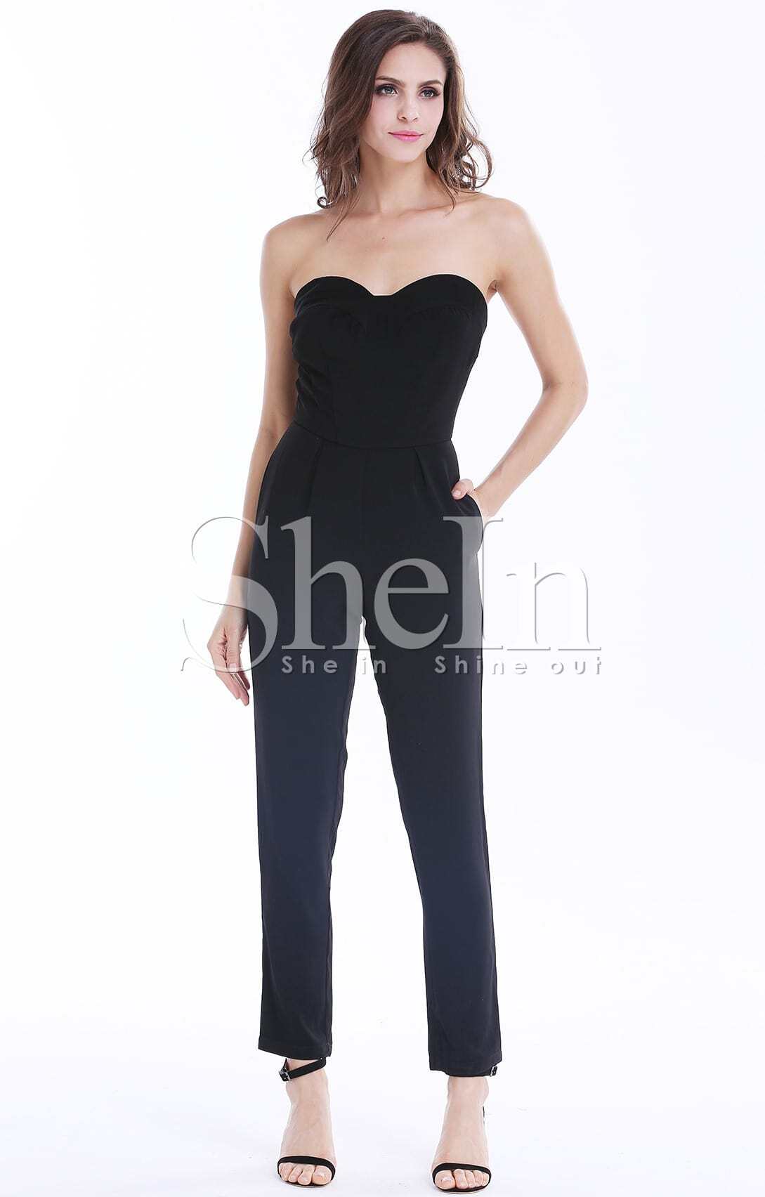 Black Strapless Pockets Zipper Slim Jumpsuit SHEIN(SHEINSIDE)