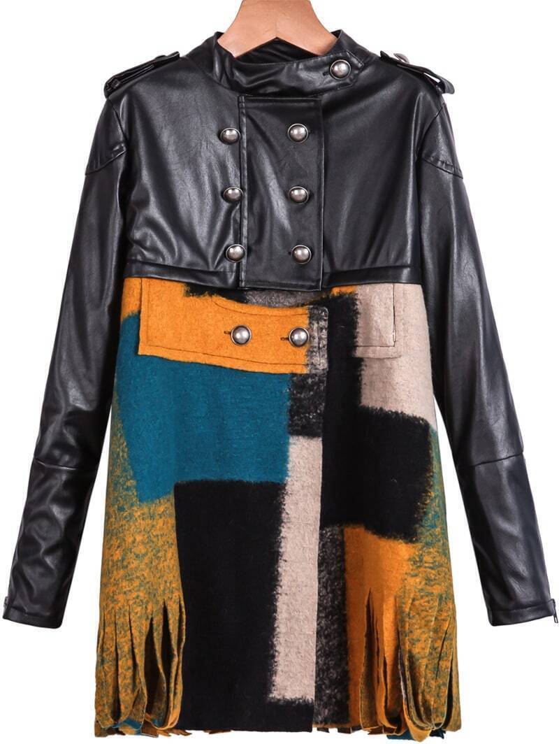 Black Long Sleeve Contrast PU Leather Tassel Coat SheIn(Sheinside)