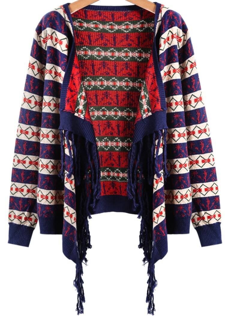 Blue Long Sleeve Striped Tassel Cardigan SheIn(Sheinside)