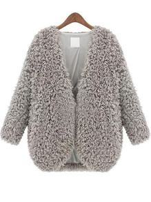 Grey V Neck Long Sleeve Faux Fur Coat