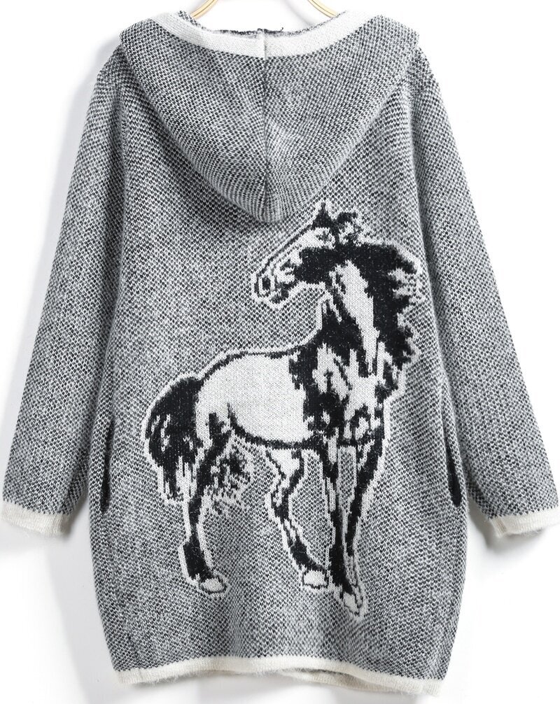 Grey Hooded Long Sleeve Horse Knit Cardigan SheIn(Sheinside)