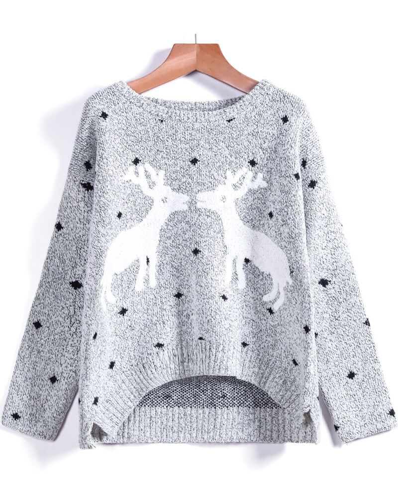 Grey Long Sleeve Deer Print Knit Sweater SheIn(Sheinside)