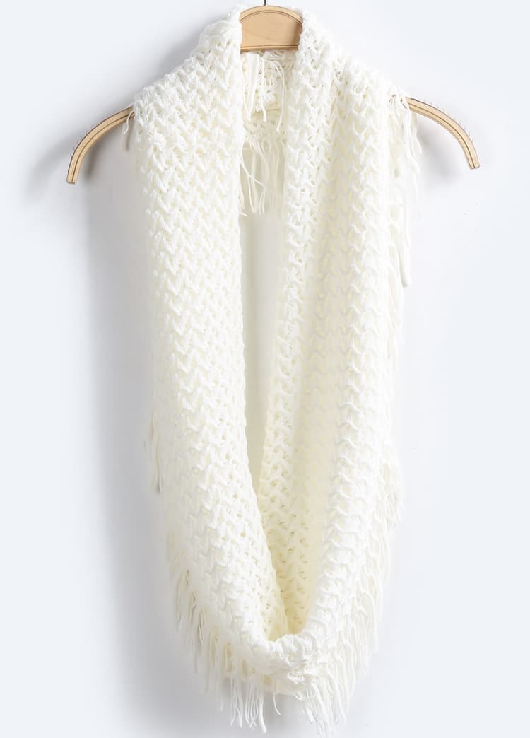 White Grid Tassel Knit Scarf SheIn(Sheinside)