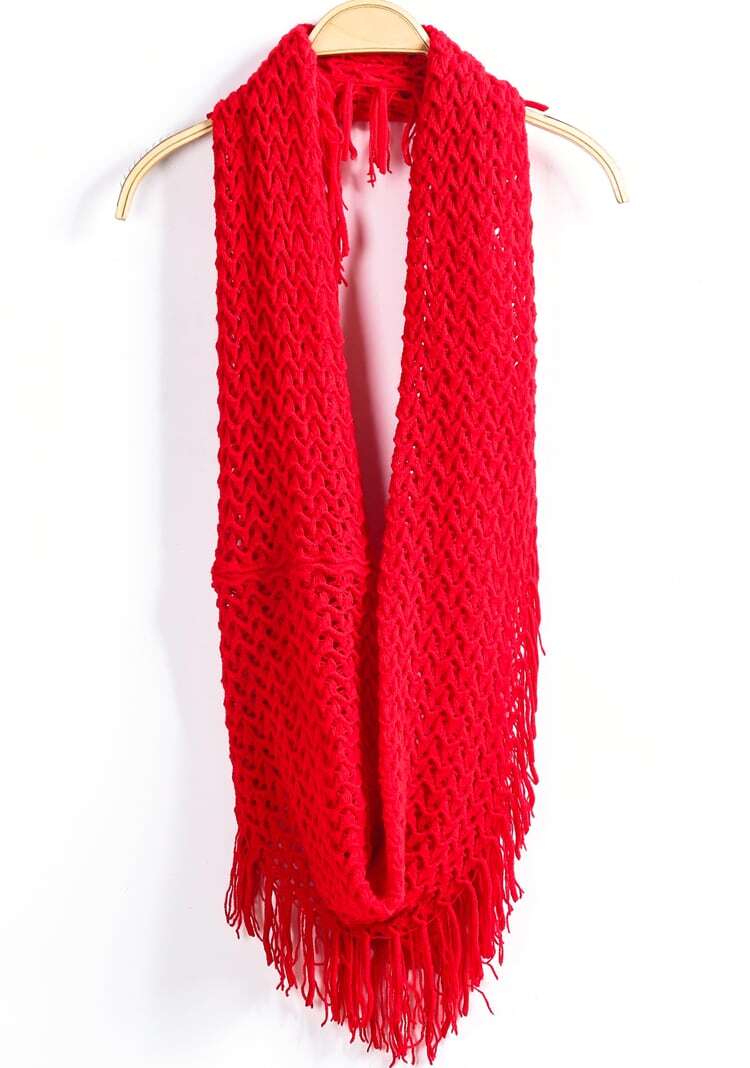 Red Grid Tassel Knit Scarf -SheIn(Sheinside)