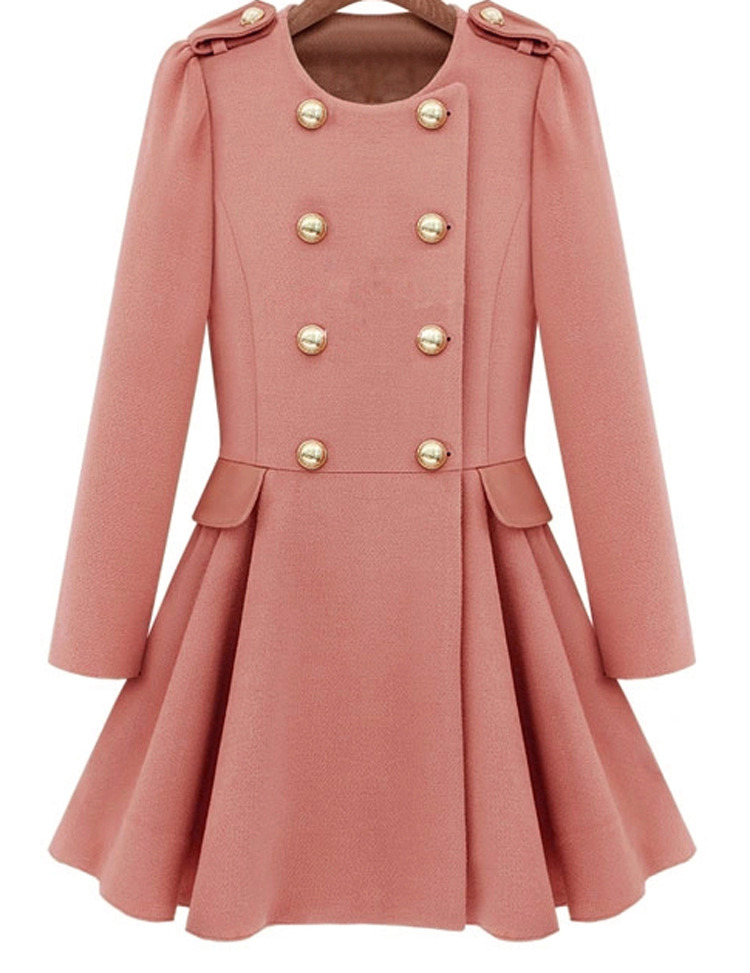 Pink Long Sleeve Buttons Flouncing Coat SheIn(Sheinside)