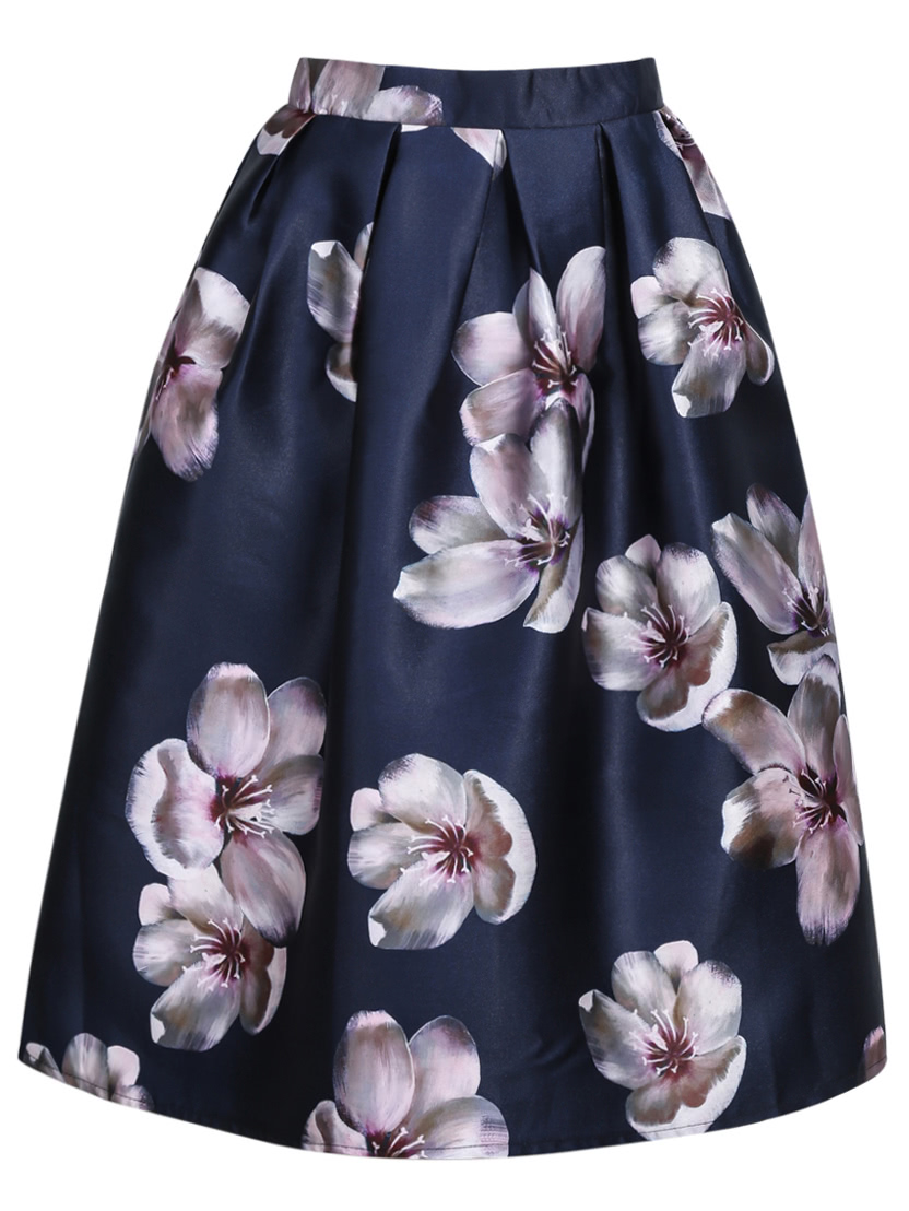 Navy Florals Flare Skirt With Zipper