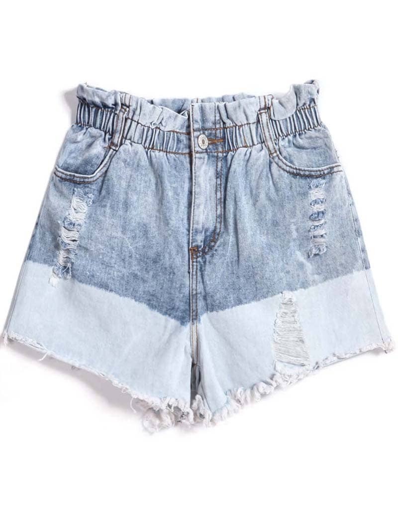 Blue Elastic Waist Ripped Denim Shorts SheIn(Sheinside)