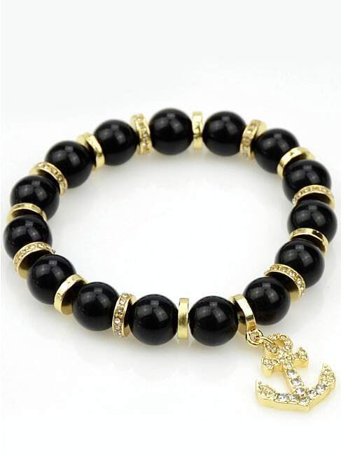 Black Bead Gold Anchors Bracelet