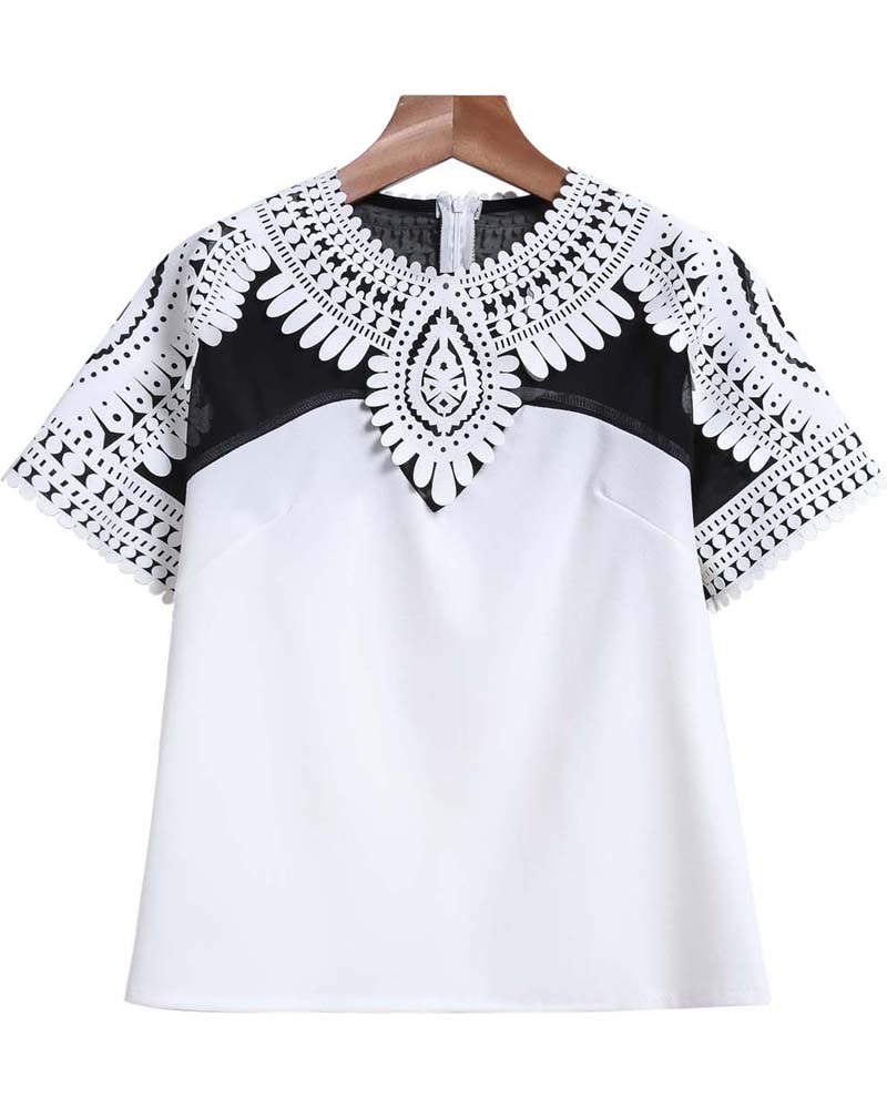 White Short Sleeve Floral Crochet Crop T-Shirt -SheIn(Sheinside)