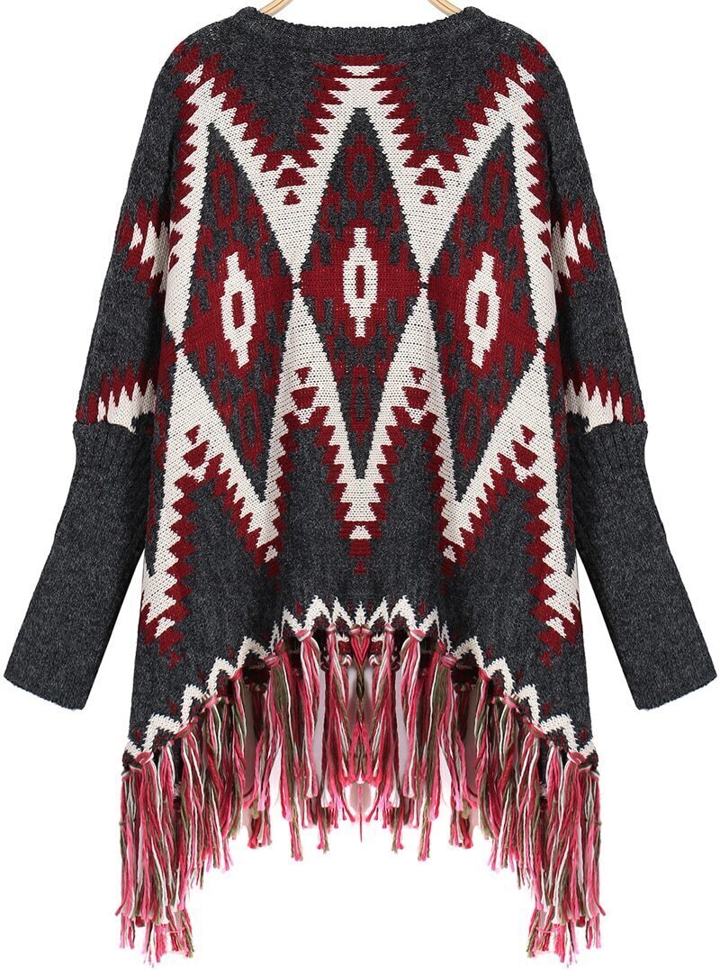 Blue Tassel Round Neck Geometric Print Loose Sweater SheIn(Sheinside)