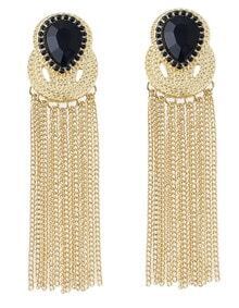 Black Gemstone Gold Chain Tassel Earrings