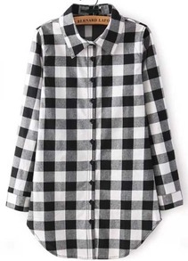 Black Buttons Long Sleeve Plaid Blouse