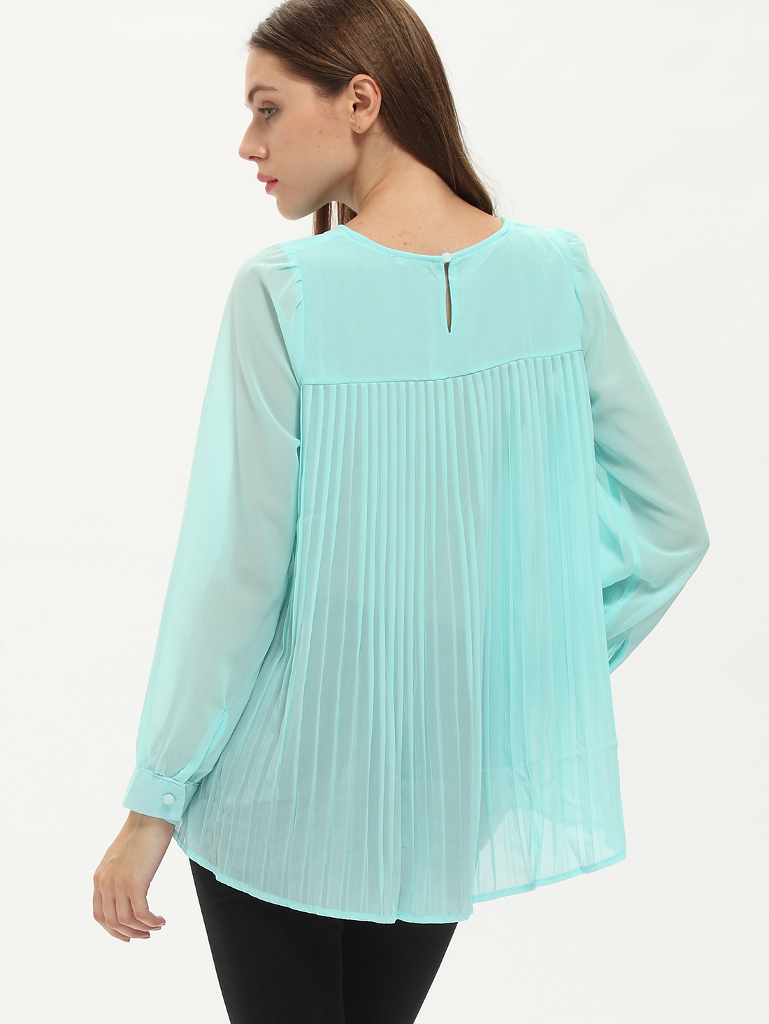 Light Green Long Sleeve Pleated Back Blouse SheIn(Sheinside)