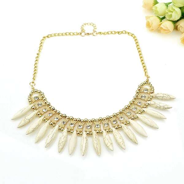 White Bead Diamond Gold Chain Necklace SheIn(Sheinside)