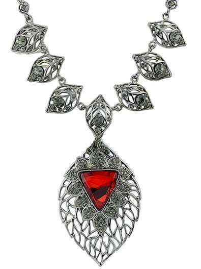 Red Gemstone Silver Leaf Necklace