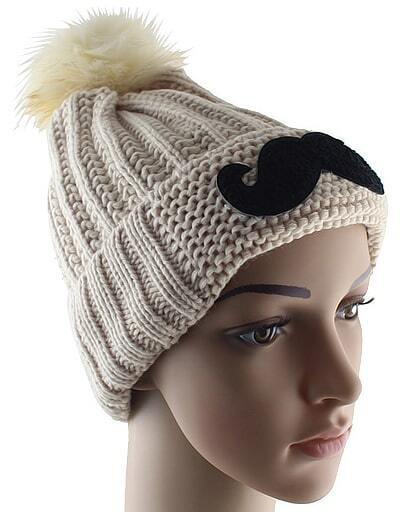 White Twisted Ball Moustache Knit Hat