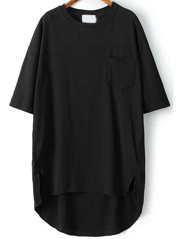 Black Pocket Split Dip Hem T-Shirt