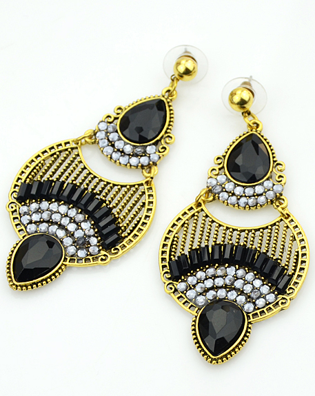 Black Drop Gemstone Gold Earrings