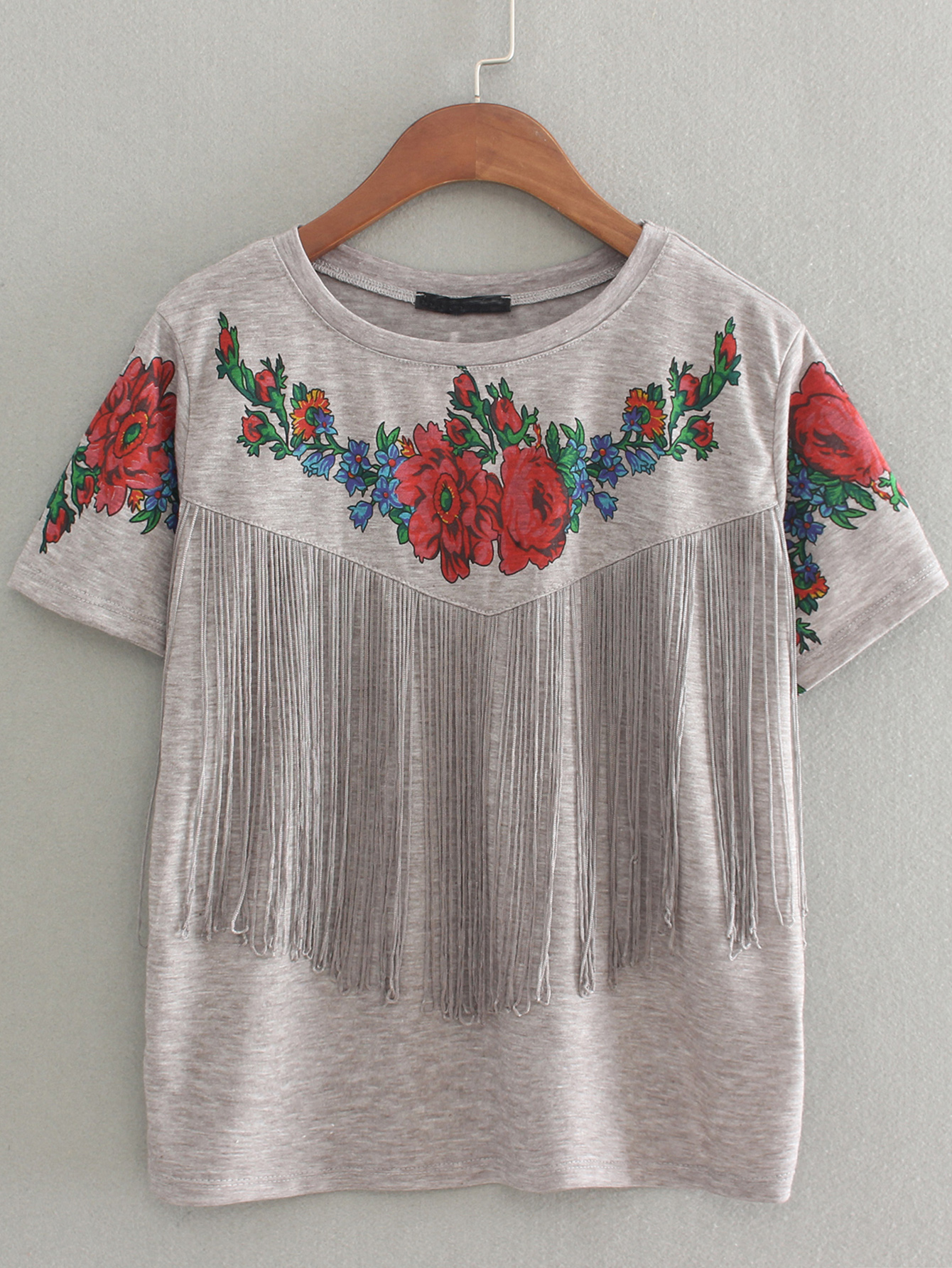 Grey Short Sleeve Floral Tassel T-Shirt