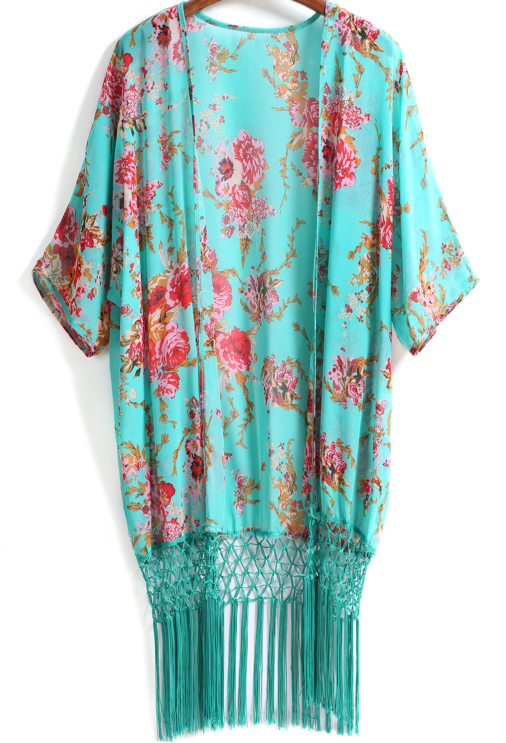 Green Floral Tassel Loose Chiffon Kimono