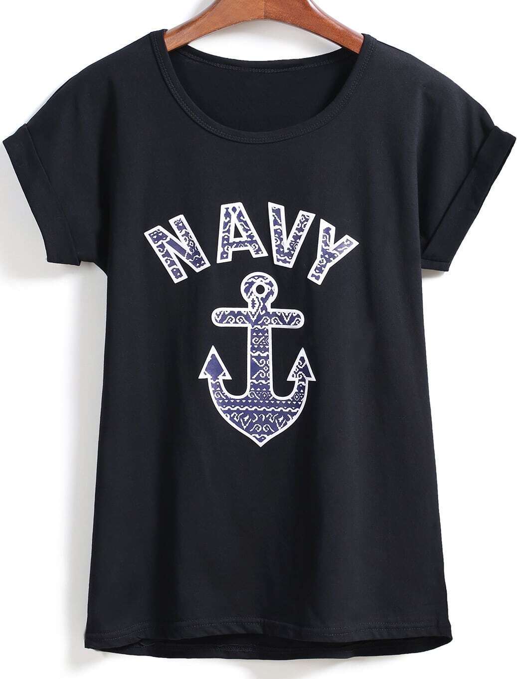 Black Short Sleeve NAVY Anchors Print TShirt SheIn(Sheinside)