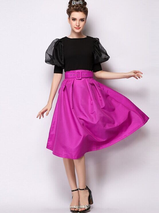 Rose Red Flare Belt Skirt SheIn(Sheinside)