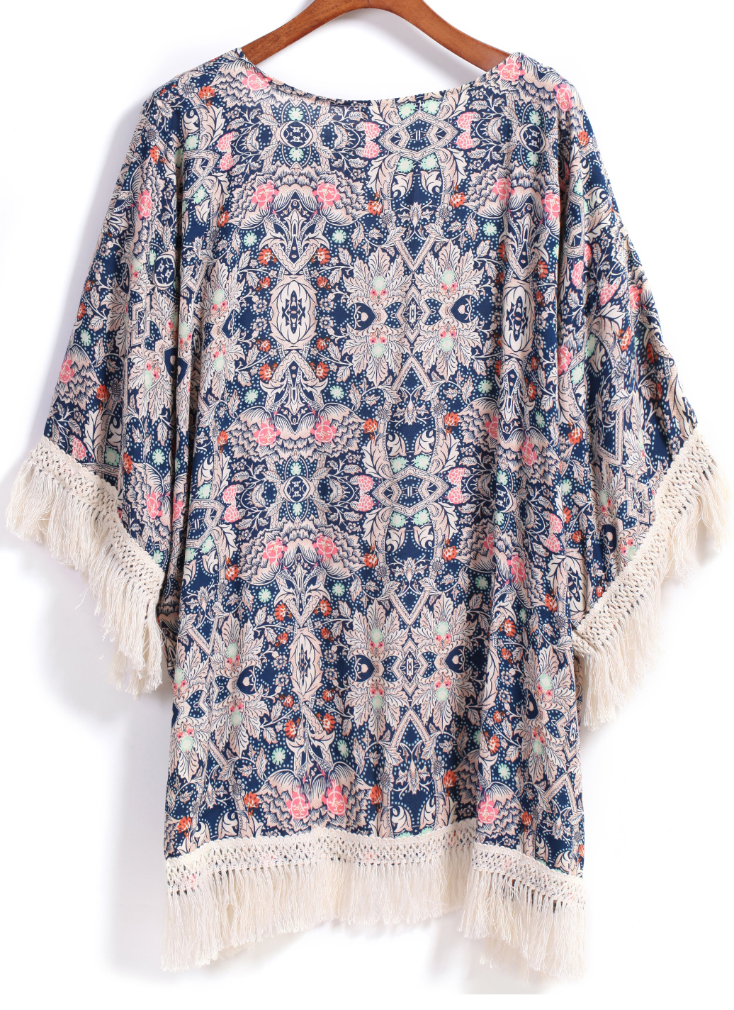 Blue Vintage Floral Loose Tassel Kimono SheIn(Sheinside)
