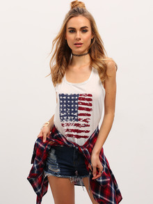 White Scoop Neck American Flag Print Tank Top