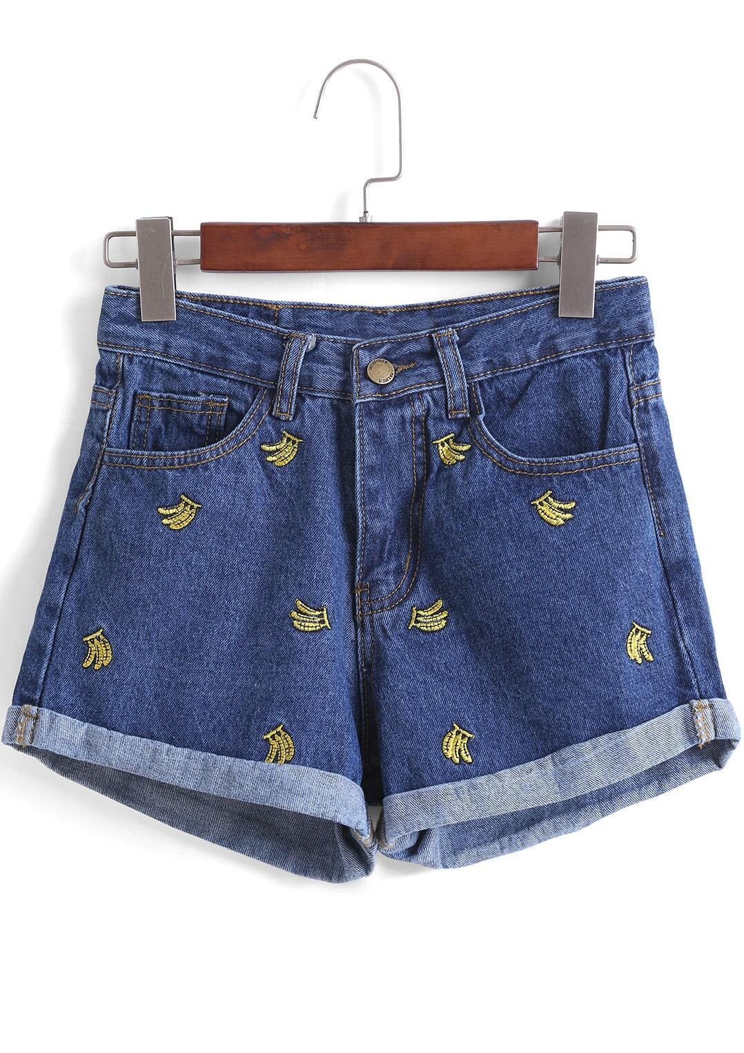 Navy Banana Embroidered Flange Denim Shorts -SheIn(Sheinside) Navy Banana Embroidered Flange Denim Shorts -SheIn(Sheinside)