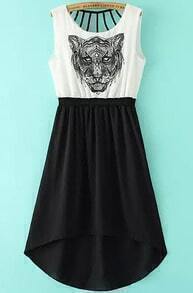 Black White Sleeveless Tiger Print High Low Dress