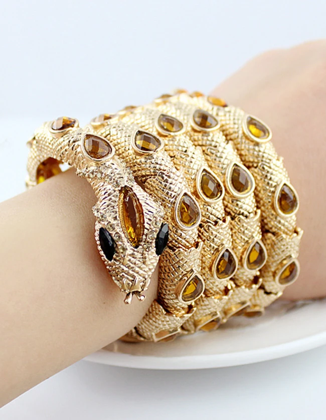 Gold Yellow Gemstone Coiled Snake Bracelet