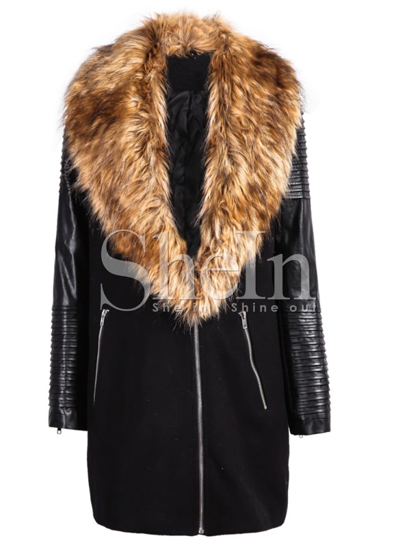Black Pu Leather Sleeve Faux Fur Lapel Coat Shein In Black Pu Leather Sleeve Faux Fur Lapel