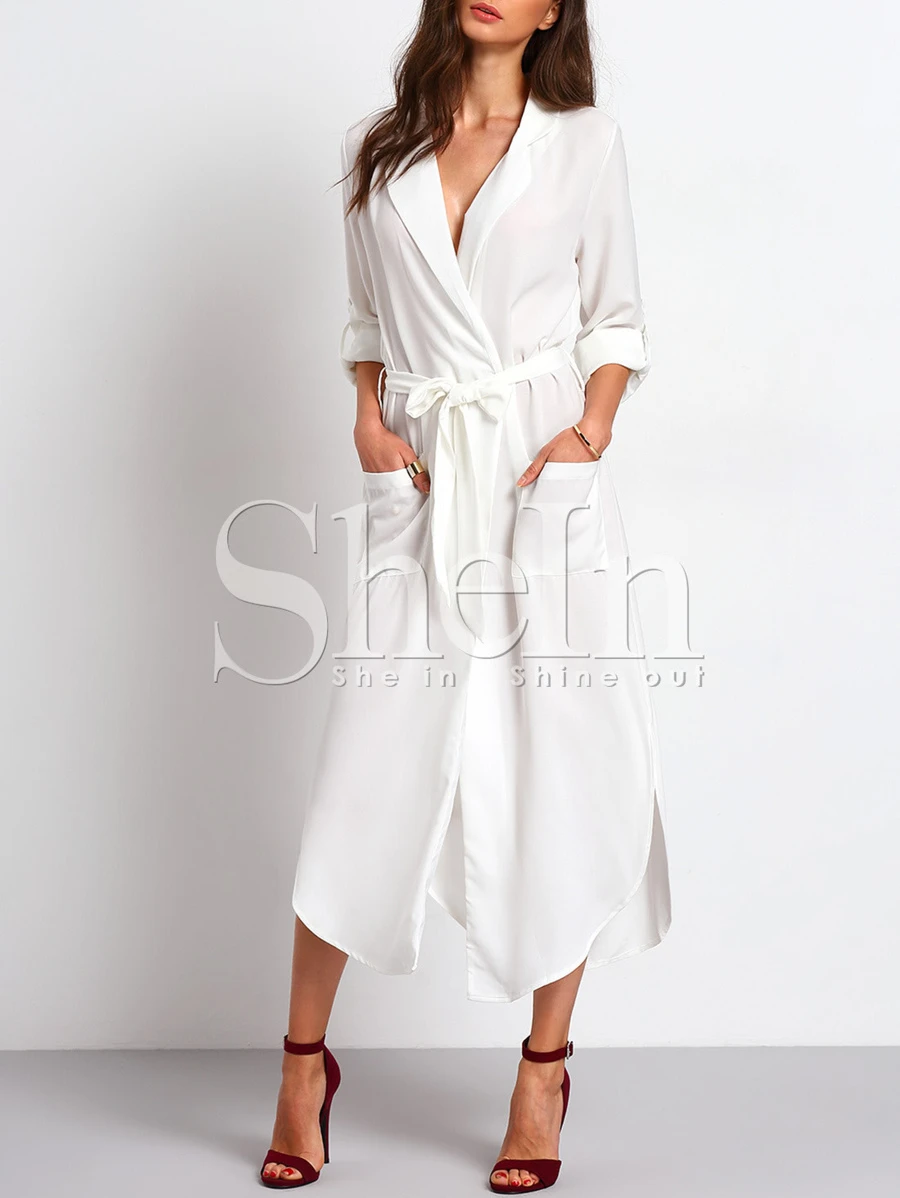 SHEIN Tie Waist Side Slit Shirt Dress