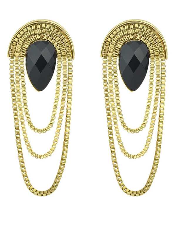 Black Drop Gemstone Gold Chain Earrings Shein Sheinside