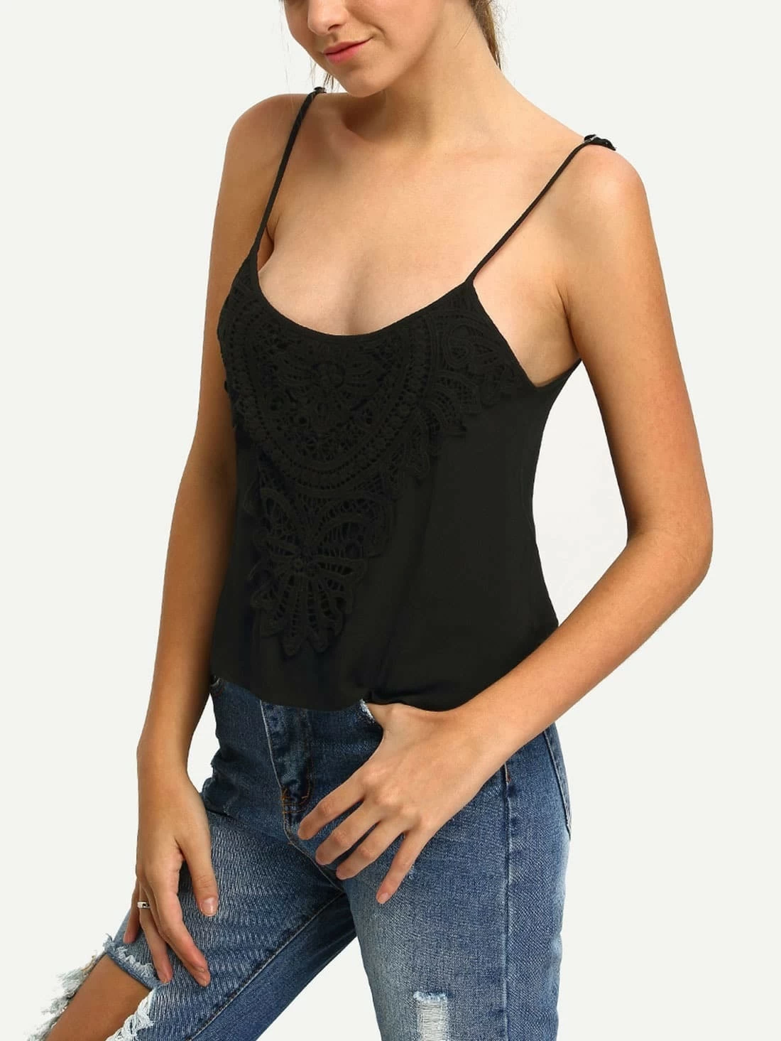 Top con Inserti Pizzo Spalline Sottili Taglia Unica Donna Top con Inserti Pizzo Spalline Sottili Taglia Unica Donna