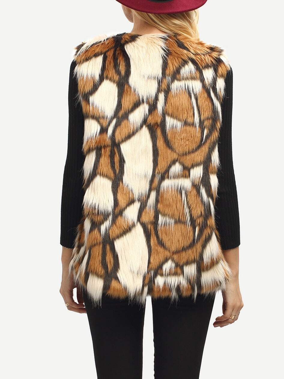 Brown Patchwork Faux Fur Feather Vest SheIn(Sheinside)