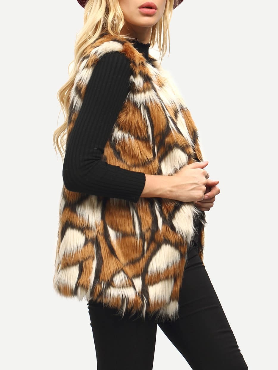 Brown Patchwork Faux Fur Feather Vest SheIn(Sheinside)