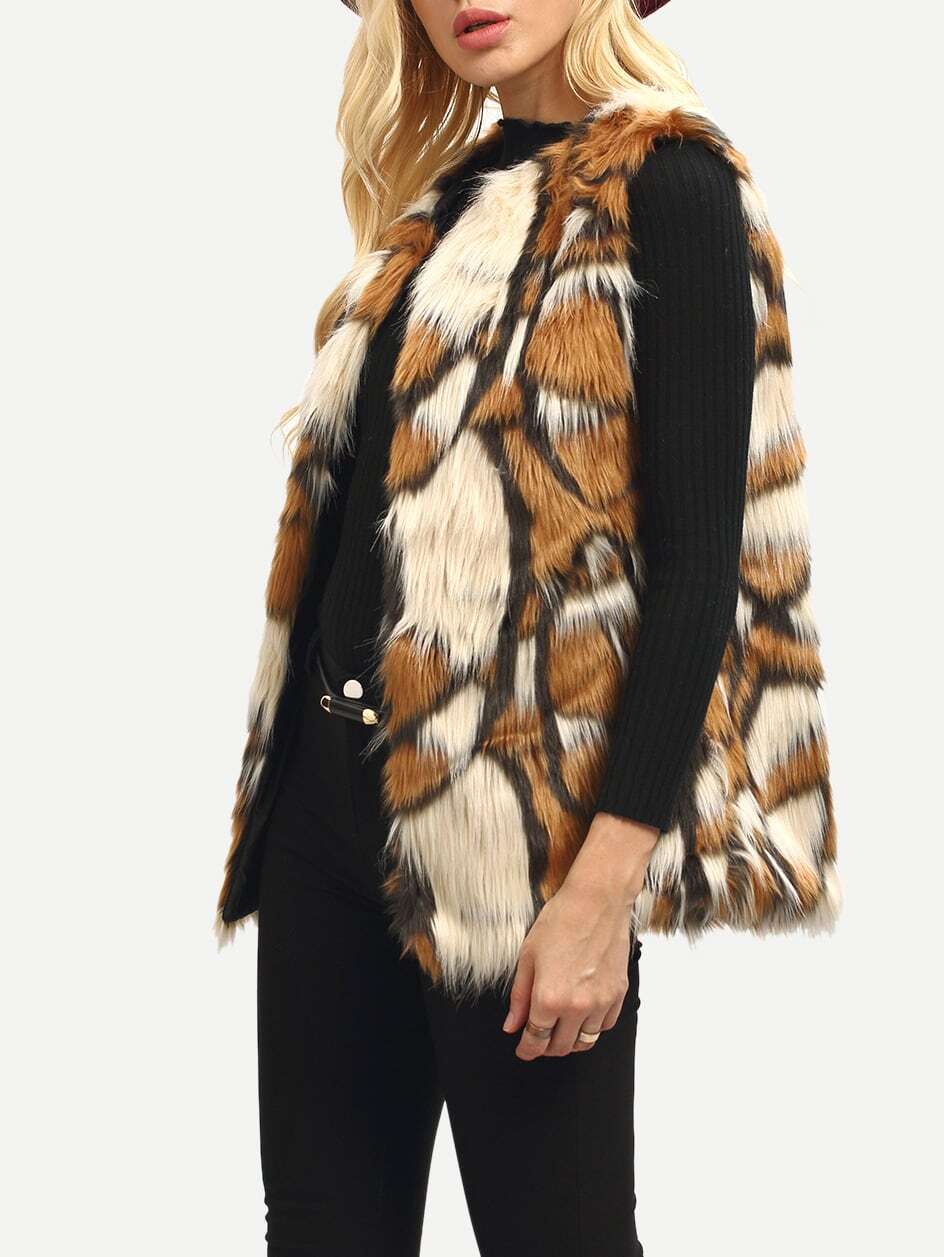 Brown Patchwork Faux Fur Feather Vest SheIn(Sheinside)
