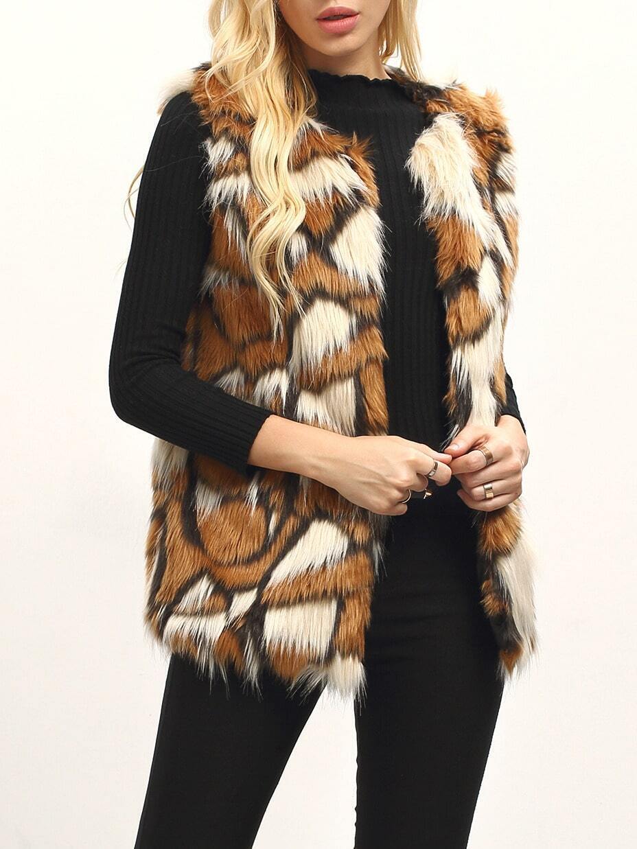 Brown Patchwork Faux Fur Feather Vest SheIn(Sheinside)