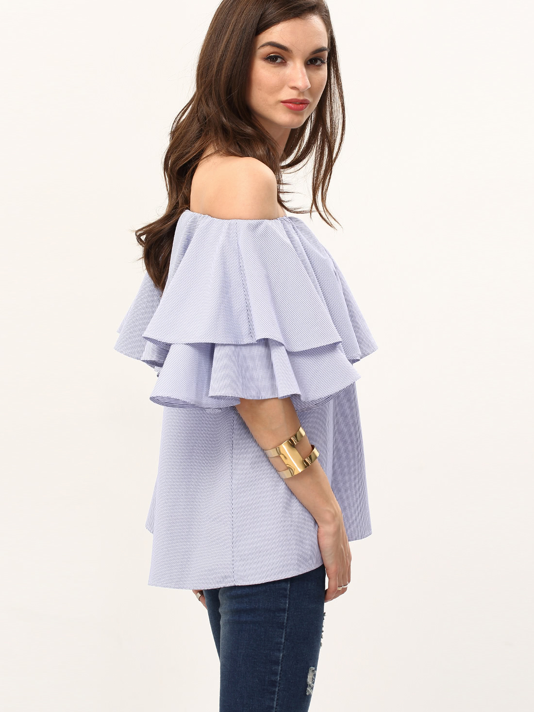 Flounce Layered Neckline Bell Sleeve Blouse -SheIn(Sheinside)