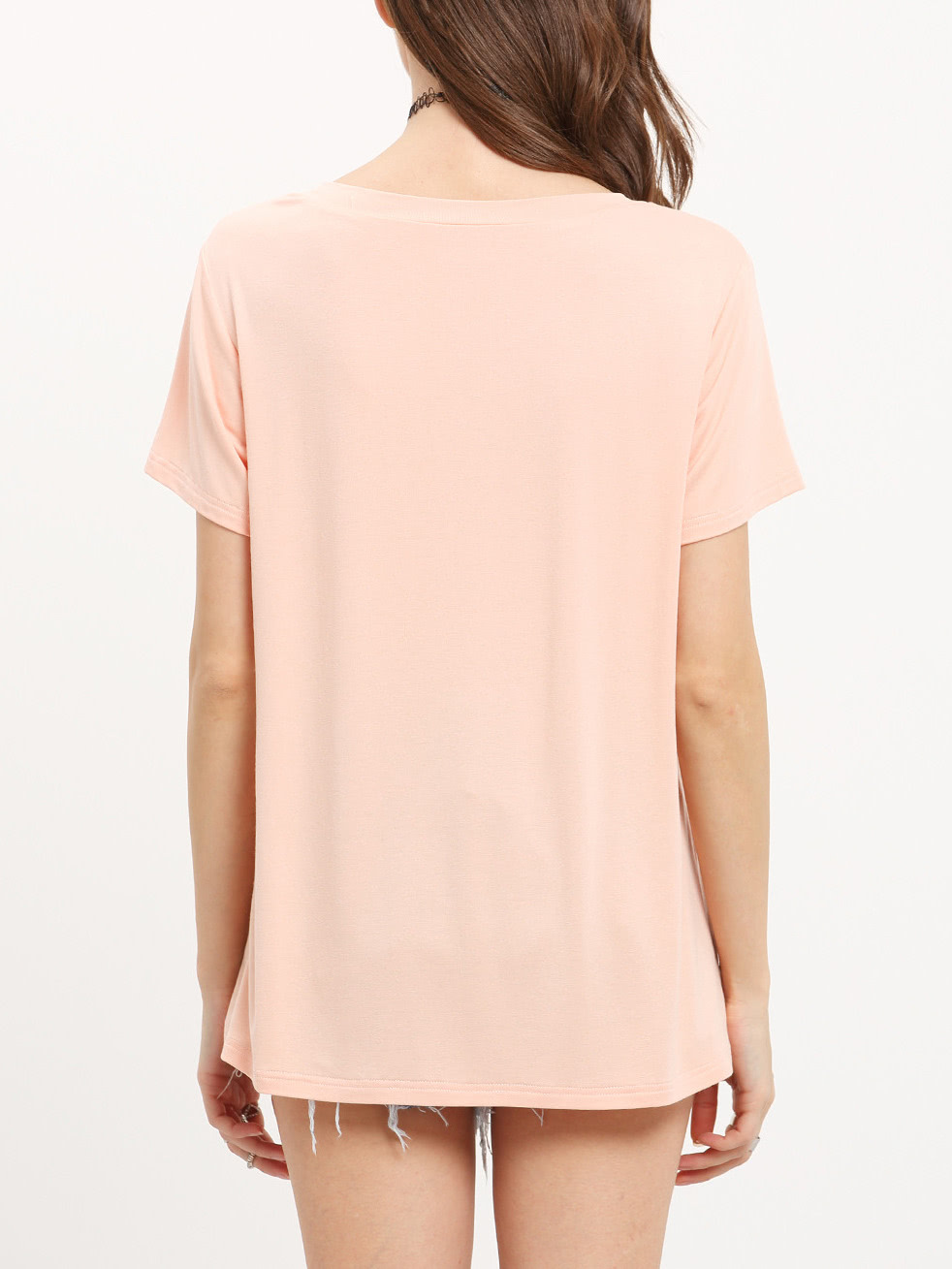 Light Pink V Neck Casual T-shirt -SheIn(Sheinside)