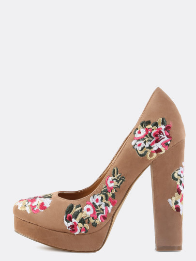 Platform Floral Embroidered Pumps TAUPE