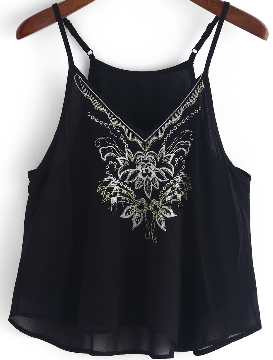 Black Spaghetti Strap Embroidered Chiffon Cami Top -SheIn(Sheinside)