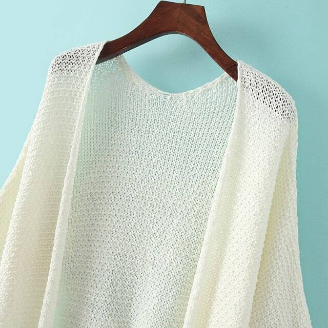 White Long Sleeve Tassel Knit Cardigan SheIn(Sheinside)