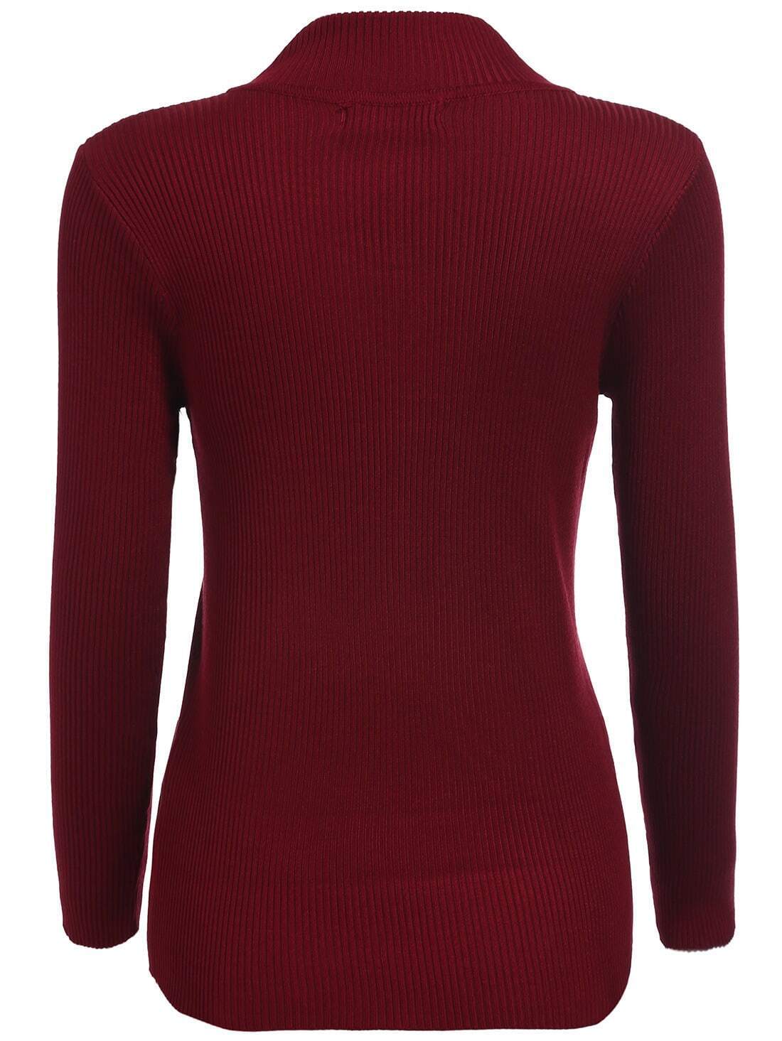 Wine Red Stand Collar With Buttons Pockets Sweater SheIn(Sheinside)