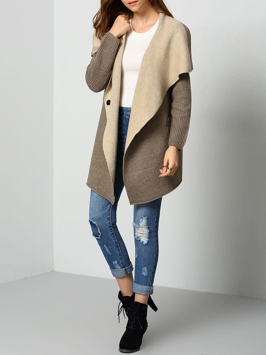 Grey Lapel Pockets Loose Sweater Coat SheIn(Sheinside)