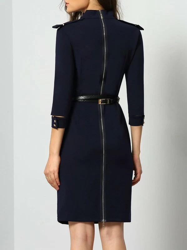 Vestido cuello mao cremallera marino | Mode de Mujer Azul Marino Con Cierre De Cremallera, Cuello Mandarín