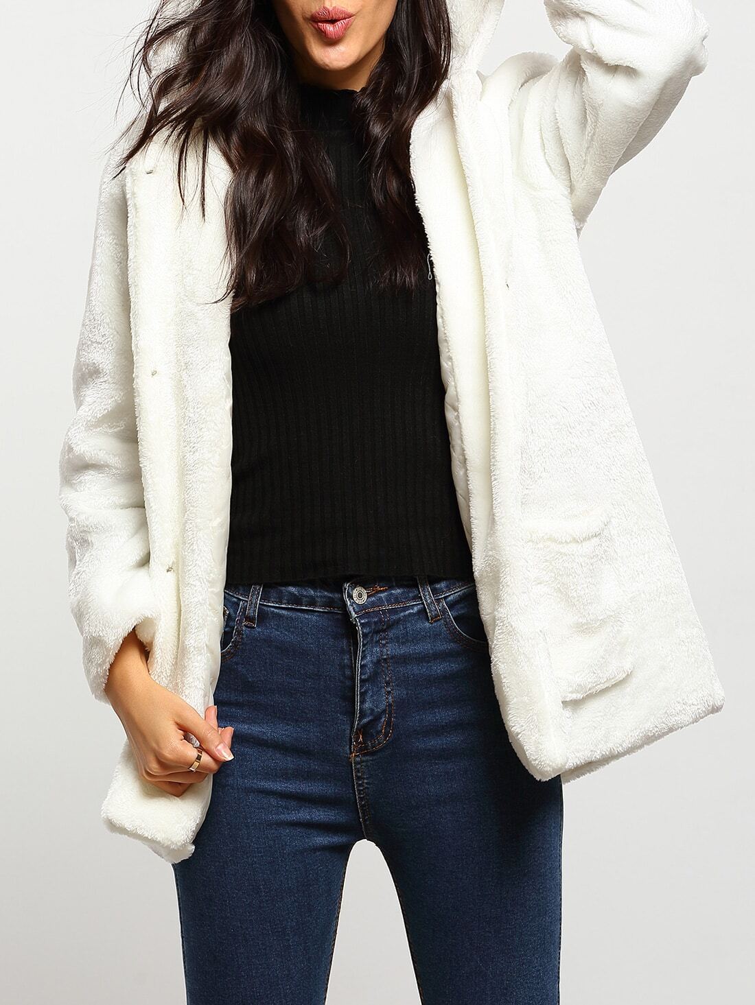 white rabbit hooded pocket coat shein sheinside white rabbit hooded pocket coat shein sheinside