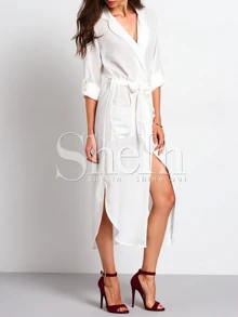 SHEIN Tie Waist Side Slit Shirt Dress