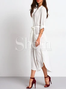 SHEIN Tie Waist Side Slit Shirt Dress